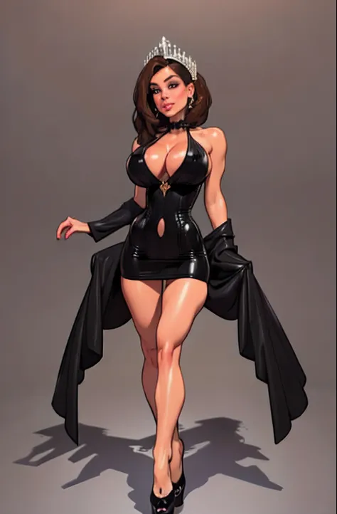 (Best quality, 8k, 32k, Masterpiece, UHD:1.2),Photo of Pretty woman, ((1 girl)), ((solo)) embodiment on chess queen, chess theme, white and black attire,(medium-short dark brown hair), double eyelid, large breasts, breast cleavage, dressed in queen chess p...