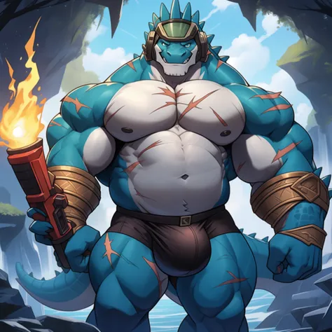 Solo, Male, Lizardman General, Titanium helmet，Plasma goggles，cheeky face, Wide face, Broad shoulders, Muscular, buff, Strong, Tall, Giant, Huge amounts of pubic, immensity, Gigantic, large biceps, large pecs, The generals belly，teal skin, blue colored eye...