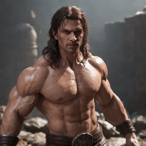 (professional 3d render:1.3) af (Realistic:1.3) most beautiful artwork photo in the world，Features soft and shiny male heroes, ((Epic hero fantasy muscle man rough wet hero angry look long hair short beard and ferocious expression in dynamic pose, Fantasti...