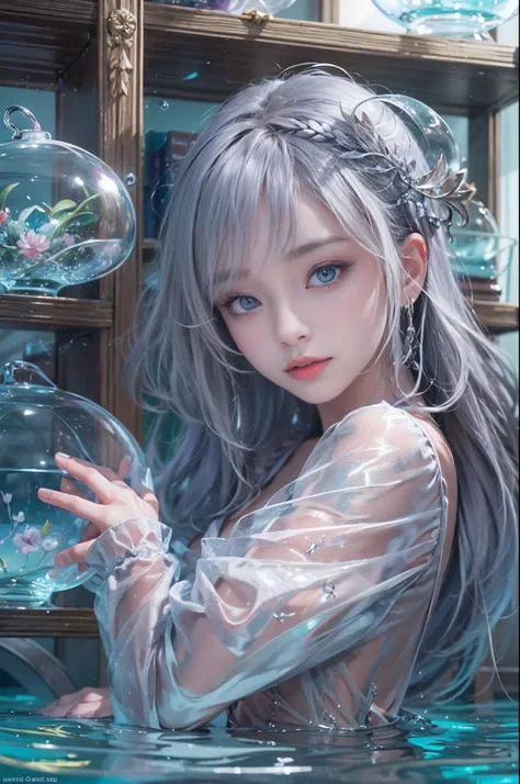 Best Quality, masutepiece, (Realistic:1.2), 1 girl, Detailed face, Beautiful eyes, [(Transparent background:1.5)::5],(((masutepiece))),(((Best Quality))),(((Extremely detailed))),Illustration, 1girll,Solo,Mysterious,vivd colour, shiny, Underwater transpare...