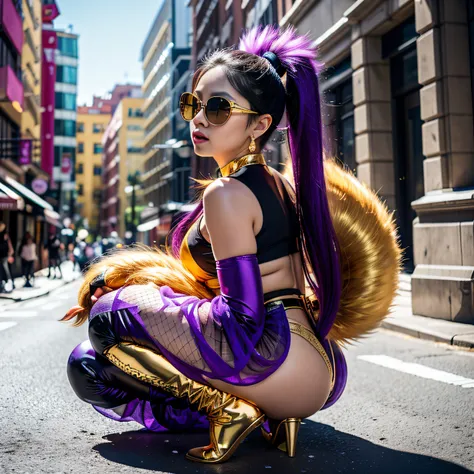 City backstreets，32K（tmasterpiece，k hd，hyper HD，32K）Purple-pink double ponytail，Antler gold cloak fat heroine cartoon nine-tailed fox，Fat heroine, Purple water breast protector, Big breasts, Black Goldfish, Wire mesh shin guards, Space squats，Wear reflecti...