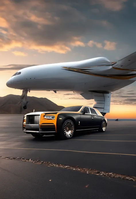 On the runway is parked the black gold Rolls-Royce Cullinan,A business jet white is parked on the side,Luxury