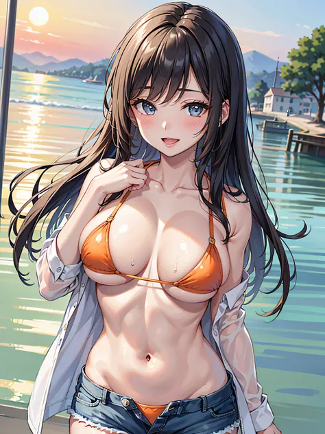 (1girl:1.3, solo), (Masterpiece, best quality, photorealistic, highres, photography, :1.3), ultra-detailed, sharp focus, professional photo, commercial photo, (upper body:1.3), (standing in water:1.3, at blue ocean), (((starring at the viewer:1.5))), (cros...