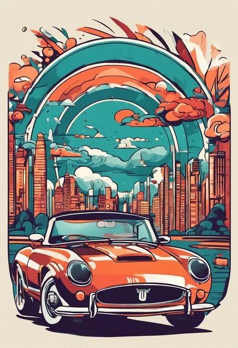 artwork of t-shirt graphic design, flat design of one retro vintage, jaguar, colorful shades, highly detailed clean, vector image, photorealistic masterpiece, professional photography, realistic bus, simple sunrise backdrop for car, flat white background, ...