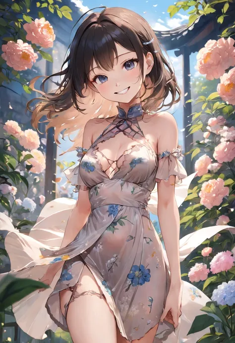 (Masterpiece, high quality, high detail), a girl, Ze Tai Long Iki, sexy, detailed face, smile, folio dress, thin waist, broken flowers, silk dress, romantic style, thin fabric, exposed figure, from below, garden, medium breasts, no panties, thin cloth, thi...