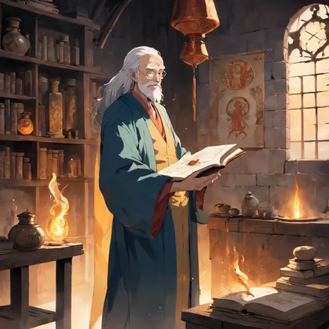 In an ancient palace, an old man with a book on alchemy is instructing a young person on how to practice the art. The young person is dressed in a simple robe and standing beside the old man. The old man has a mysterious smile on his face, and there is a f...