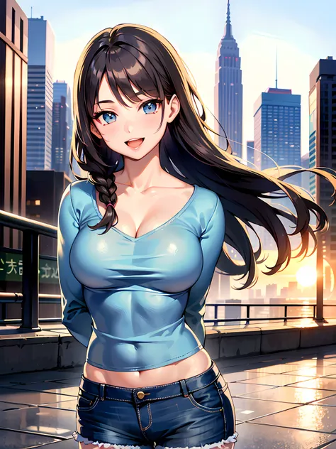 (1girl:1.3, solo), (Masterpiece, best quality, photorealistic, highres, photography, :1.3), ultra-detailed, sharp focus, professional photo, commercial photo, (upper body:1.3), (standing at downtow street), (((starring at the viewer:1.5))), (arms behind ba...