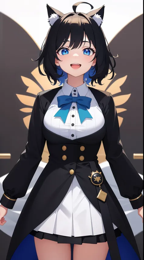 Upright, Arms at sides, Looking at Viewer, Simple background, 1girl in, Open mouth, Smile, Virtual Youtuber、girl with、、((Best Quality, high_resolution, Distinct_image)),(Black hair), (Black cat ears), (Ahoge), (absurdly short hair), (Wavy Hair), (Blue eyes...