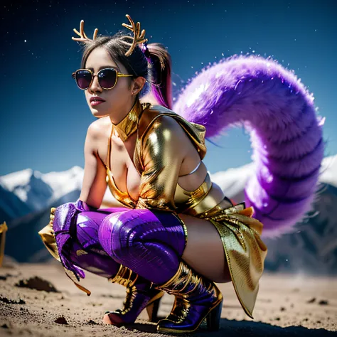 Muddy ground，32K（tmasterpiece，k hd，hyper HD，32K）Purple-pink double ponytail，Antler gold cloak fat heroine cartoon nine-tailed fox，Fat heroine, Purple water breast protector, Big breasts, Black Goldfish, Wire mesh shin guard, Space squats，Wear reflective su...