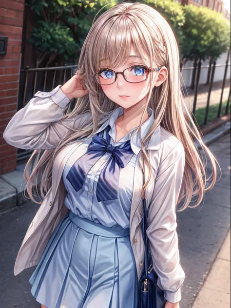 1 girl , wearing a school dress , white school dress , with glasses , blue eyes , ((detailed face)) , blush cute face