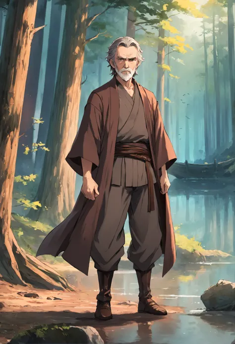 Old man, Anakin Skywalker, red eyes, medium gray hair, beard, brown shirt, brown pants, medieval clothes, portrait, forest and lake, day