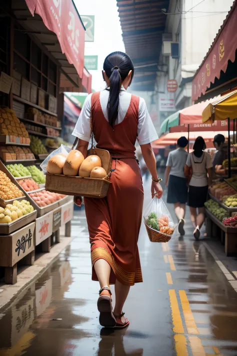 A hawker, a Thai woman holding a loaf of goods walking in the market, full body, back view