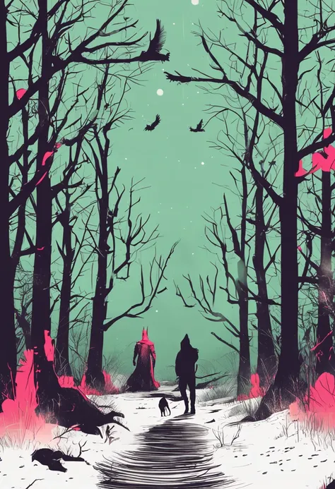 Spooky forest，Blood Moon，The Ranger squad is on their way，Full of animal remains，In the distance there are shadows of monsters，Epoachy atmosphere