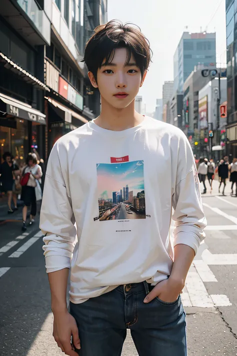 (​masterpiece、top-quality、top-quality、raw、A hyper-realistic)、Urban cityscape、Shibuya cityscape、a handsome、twinks、(((Korean in his 20s with idol face)))、A slender、(((Please wear a plain black long-sleeved T-shirt all over your body.)))、((whole body visible)...