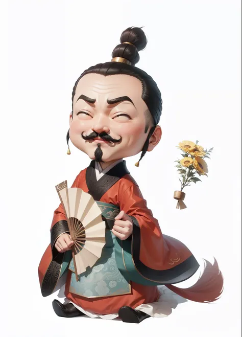 tmasterpiece,high qulity,1 cartoon ancient Chinese,Ancient clothes,Take a fan,Have a beard,ssmile,adolable,Cartoon anime style,4K,Ray traching