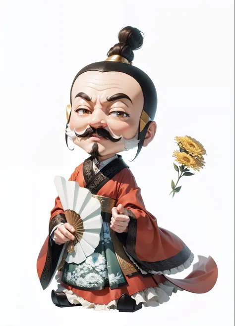 tmasterpiece,high qulity,1 Cartoon ancients,period costume,Take a fan,ssmile,Chrysanthemums have beards,ssmile,adolable,Cartoon anime style,4K,Ray traching