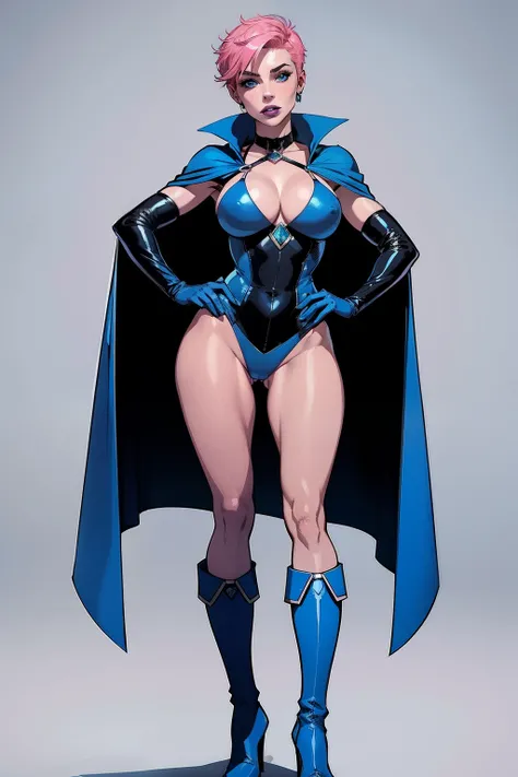 woman, pale blue eyes, detailed short pink hair Short Side Comb haircut, blacl lipstick, small tits, wearing a blue swimsuit, blue gloves, blue tall boots, blue cape,