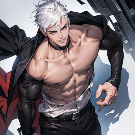 独奏、(Handsome men:1.4)、(Villain Pose)、(Man 6 feet tall)、(confident grin:1.2)、15yo student、Short hair、grey  eyes、Toned body、muscular male、(White hair)、(Top image quality)、(8K picture quality)、(masutepiece)、cinematric light, Cinema Shadow, Sharp Image, Extrem...