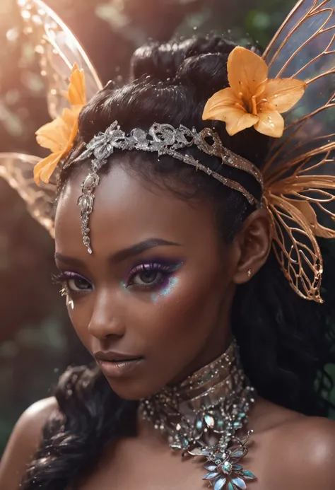 "1 beautiful black fairy woman cyber punk with African ethnicity. A stunning, ethereal depiction of a mesmerizing Flower Fairy in a fantasy realm.Close up,Flower fairy,crystal fairy, shiny butterfly wings,crystal blossom flower,
fantasy, galaxy, transparen...