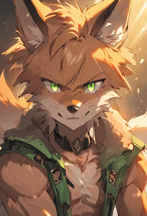 4K, high resolution, Best quality, Masterpiece, perfect colors, perfectly shaded, Perfect lighting, posted on e621, (by Chunie), Furry, anthro, Furry art, ((Portrait)), anthro male fox,, Two-tone leather，（Lunette de soleil），hairy bodies, Green eyes, Perfec...