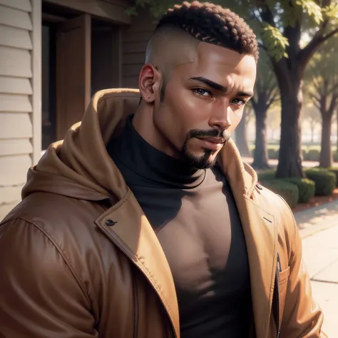 SFW, Anime guy, mid 30s, african american, dark skin, priest, turtle neck sweater, brown jacket, shaved head, goatee, fatherly attitude, soft expression, outdoors, afternoon, warm lighting