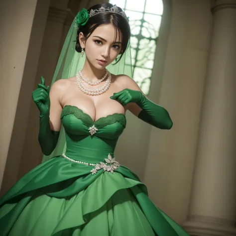 Green Dress Flower Cleanser，Sense of atmosphere, best qualtiy，tmasterpiece，1girll，30-years old，Green dress，Daytime Church，full body Esbian, Green gloves，With short black hair，big breasts beautiful，looking at viewert，ssmile，Green Bridal Veil，Green Long Grov...