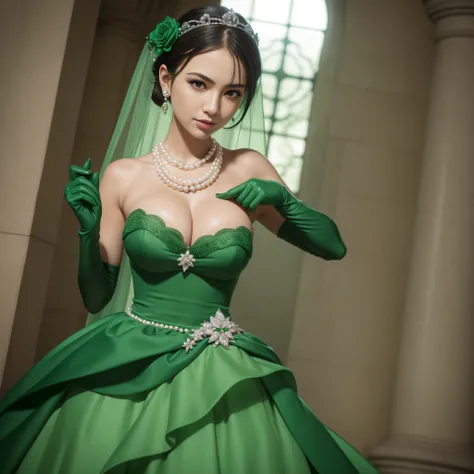 Green Dress Flower Cleanser，Sense of atmosphere, best qualtiy，tmasterpiece，1girll，30-years old，Green dress，Daytime Church，full body Esbian, Green gloves，With short black hair，big breasts beautiful，looking at viewert，a smile，Green Bridal Veil，Green Long Gro...