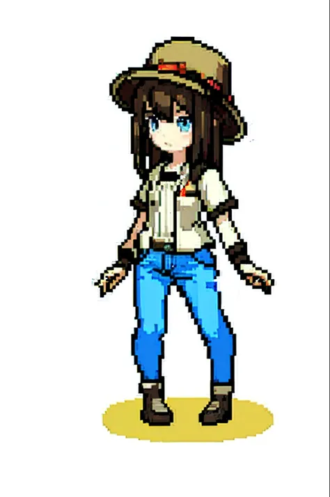 (Masterpiece, Top quality, Best quality), pix,Pixel art,1girll, full bodyesbian, Western denim style，Cowboy hat brown hair,