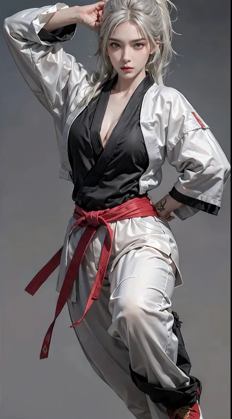 photorealistic, high resolution, soft light,1women, solo, hips up, shining skin, (detailed face), tattoo, karate uniform, black belt,Karategi, full uniform, pants, chest split