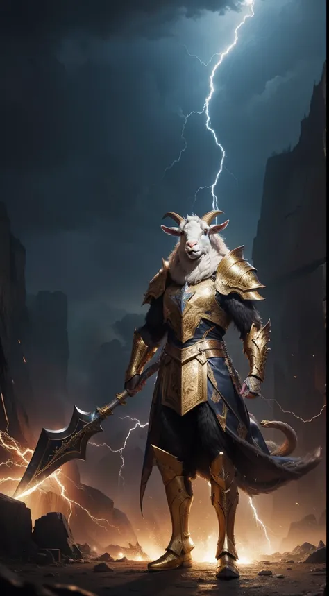 general, giant holy axe, goat face, golden armor, full body, lightning background, Animal Anthropomorphism, realistic digital, humanoid, abstract background, global illumination, intricate, epic, dramatic, masterpiece, high detail, best quality, ultra high...