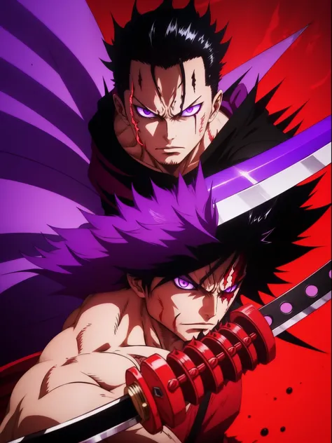 black spiky hair red and purple eyes red drippy clothing manga style with cursed dual katana fighting stance boy purple and red background one person