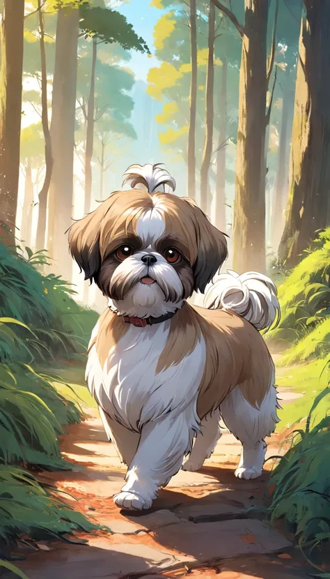 tutor e sua shih tzu passeando no bosque