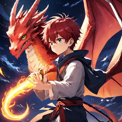 cute, red hair, boy, 1boy, one boy, kid, boy dragon, dragon wings, dragon horns