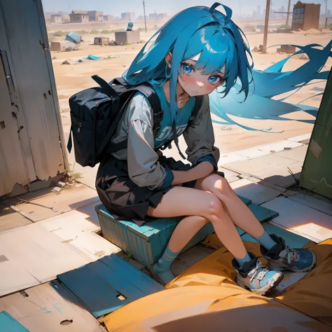 blue hairs，teens girl，toddlers，elementary student，Clothes are tattered，Loose hair，In the slums，Sit there，With tears，Ruined city in the middle of the desert，Lifeless，There is no green。