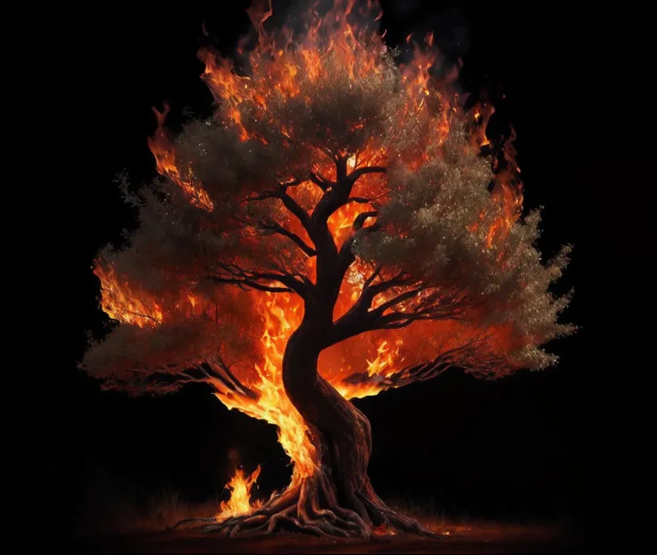 Arafed tree with fire in the dark with a black background, the tree of life, completamente composto por fogo, burning trees, corpo de fogo puro, (fire), fantasy tree, fires!! hiper-realista, Tree of Life, tree of life seed of doubt, uma floresta flamejante...