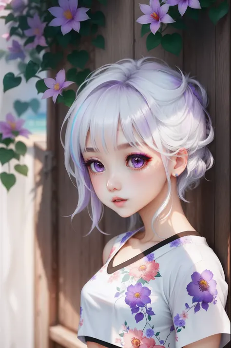 realisticlying、女の子 1 人、white  hair、Purple eyes、radiant eyes、croptop、skirt by the、Parted lips、red blush、natta、florals、suns、sunlights、Not wearing clothes