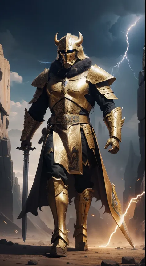 general, giant holy sword, buffalo face, golden armor, full body, lightning background, Animal Anthropomorphism, realistic digital, humanoid, abstract background, global illumination, intricate, epic, dramatic, masterpiece, high detail, best quality, ultra...