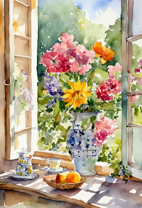 a close up of a table with a vase of flowers on it, delightful surroundings, with a french garden, house kitchen on a sunny day, french village interior, by Bernard D’Andrea, bright window lit kitchen, architectural digest, homes and garden magazine, homes...