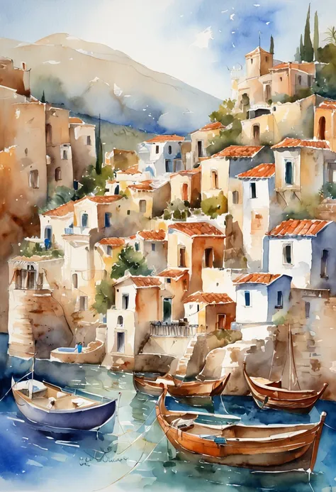 a group of boats floating in the water near a town, mediterranean island scenery, with water and boats, in a mediterranean lanscape, greek fantasy panorama, mediterranean city, greece, mediterranean, boats in the water, greek setting, incredibly beautiful,...