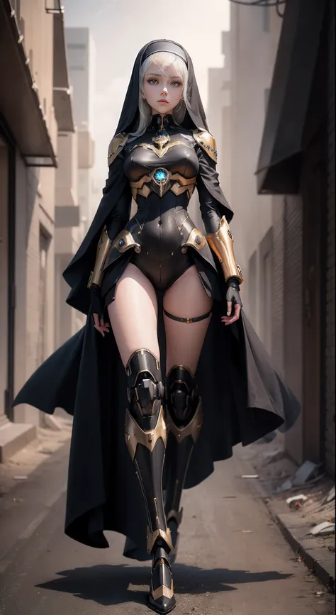 Elegant Girl, One Mecha Girl, Full Body Portrait, Humanoid Nun Mecha, Dark, Si-Fi, post apocalype, Sky Blue Eyes, Nun style Mecha, Extreme Detailed, Realistic, Black and Gold, beautiful Leg, human skin legs --auto