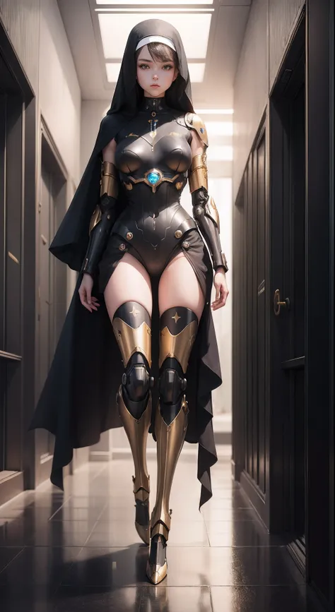 Elegant Girl, One Mecha Girl, Full Body Portrait, Humanoid Nun Mecha, Dark, Si-Fi, post apocalype, Sky Blue Eyes, Nun style Mecha, Extreme Detailed, Realistic, Black and Gold, beautiful Leg, human skin legs --auto