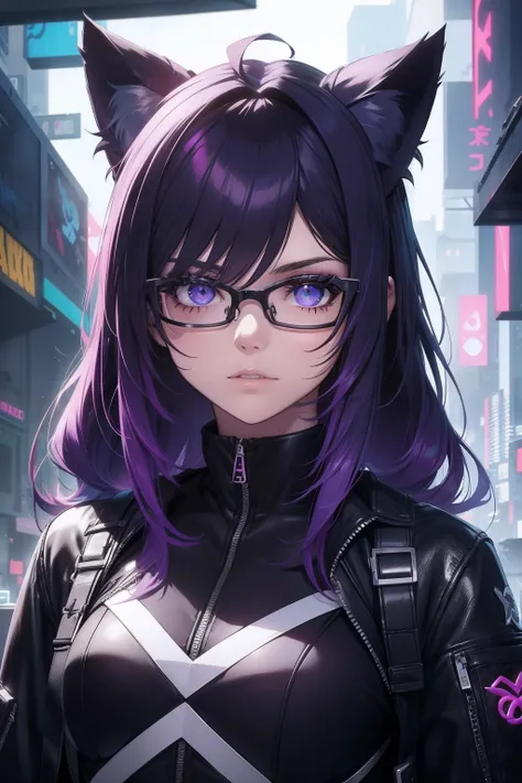 Cyberpunk menina roxo gamer, with glasseswith cat ears, olhos roxos brilhando, Cabelo tamanho medio preto Chanel com pontas roxa