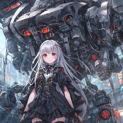 absurderes, hight resolution, (Anime style:1.1), ((masutepiece)), ((Best Quality)), (Ultra-detailed), (Beautiful), 独奏, Beautiful face、(liftup),12year old、(Climb into the cockpit of a robot、Girl piloting:1.4)、(Silver long hair:1.2), Red Eyes,Looking at View...