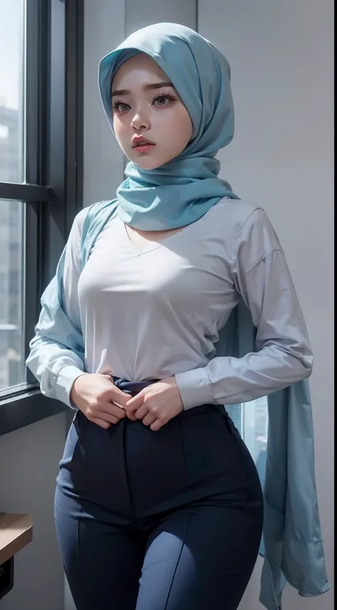 mira filzah standing angrily  in meeting room angry, rise her fist, angry pose, angry face, meeting room, morning, (mira filzah:1.3), wearing hijab, pastel color hijab, blue pastel office outfit, blue suits, small tits, small breast, flat chest, wide waist...