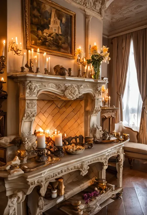 candles are lit in front of a fireplace with a mantle, candles. baroque elements, room full of candles, cozy candlelight, in a room full of candles, baroque style, candles, candlelit, lit with candles, elegant baroque, fireplace lighting, candlelight, baro...