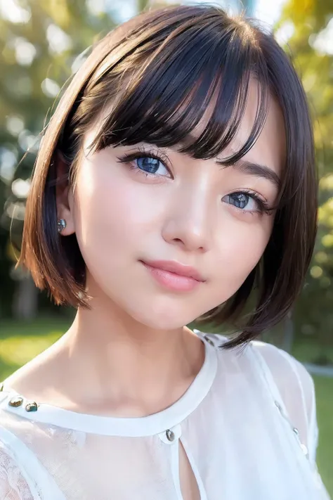 ((top-quality、8K、​masterpiece:1.3))、girl with、Hairstyle Casual、White dress:1.1、Super fine face、(big eye:1.2)、Clear eyes、二重まぶた、(a smile:1.1)