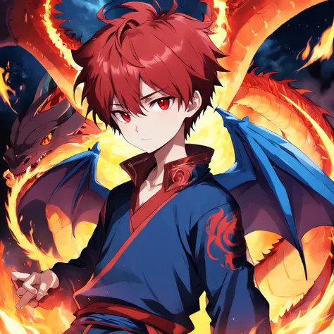 cute, kawaii, red eyes, red hair, boy, 1boy, one boy, kid, teen, boy dragon, dragon wings, dragon horns, blue fire, blue flame