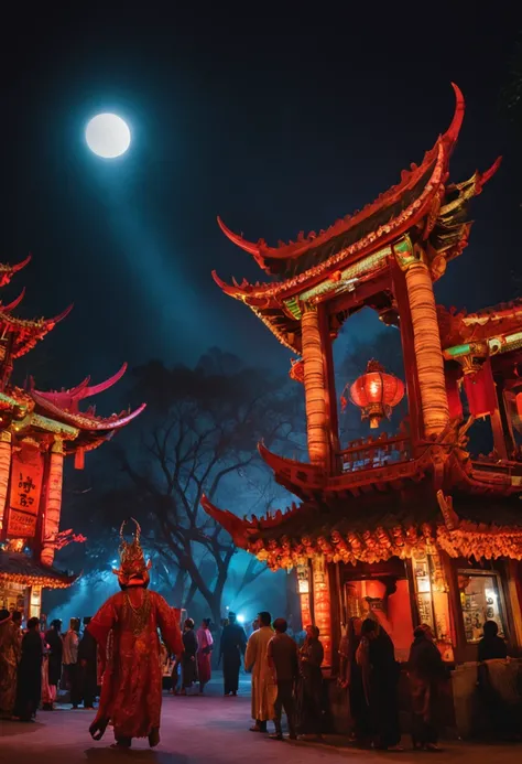 "Envision a mesmerizing scene of the Night Parade of One Hundred Demons in exquisite detail, representing a masterpiece of artistry and quality. Capture the essence of this supernatural procession with vibrant colors, intricate designs, and nuanced lightin...