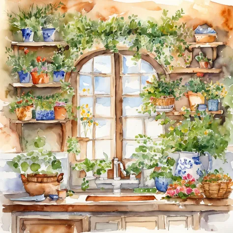 there is a kitchen with a table and a sink and a window, cottagecore hippie, cottagecore, cottagecore!!, with flowers and plants, with colorful flowers and plants, small kitchen, cute kitchen, romantic greenery, kitchen, nature and floral aesthetics, retro...