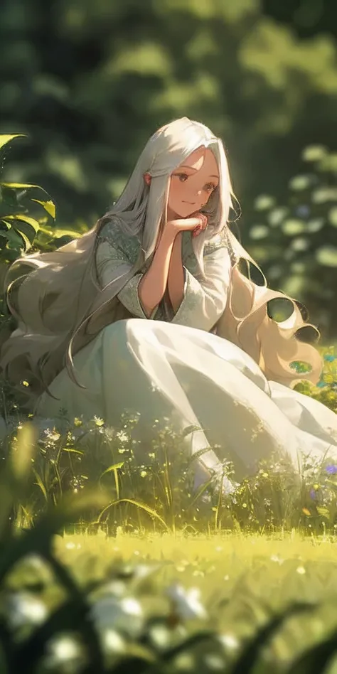 (masterpiece, best quality),1girl with long white hair sitting in a field of green plants and flowers, her hand under her chin, warm lighting, white dress, blurry foreground